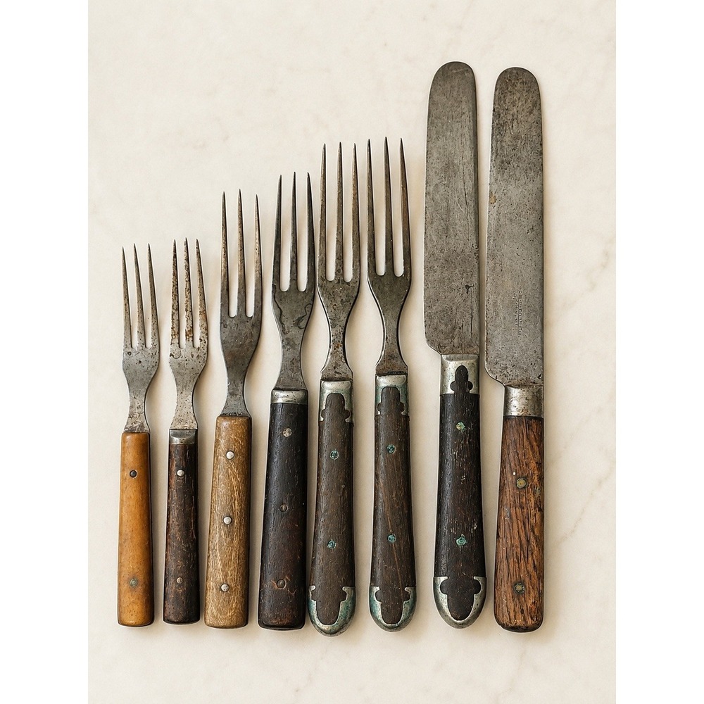 Wood Handle Flatware Lot 8 Primitive Carbon Steel Knives Forks Victoria Era Antq